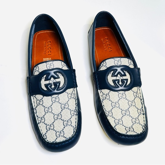 Gucci Interlocking G Driver Loafers Blue Classic Double G Canvas Size 10.5 NEW! - Picture 8 of 16